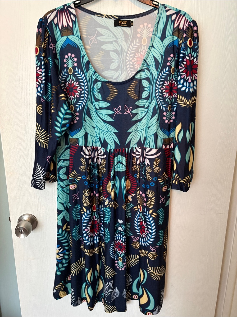 R&B Navy Floral Scoop-Neck Long Sleeve Dress with Teal & Burgundy Accents